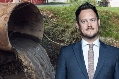 Stephen Morgan MP over an image of sewage dumping