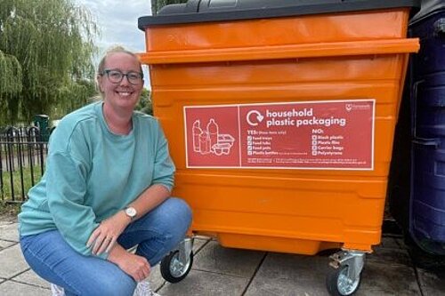 Cllr Leonie Oliver with a Mixed Plastic Bin