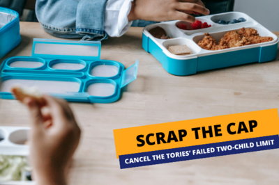 Children's lunch table with a "Scrap the Cap" graphic
