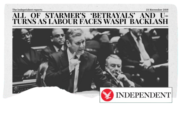 A newspaper with the headline "All of Starmer’s ‘betrayals’ and U-turns as Labour faces Waspi women backlash"